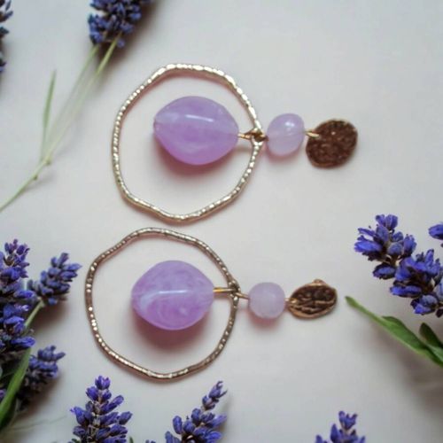 Boucles D Oreilles En Acier Inoxydable Dorés Et Gouttes En Résine Lilas