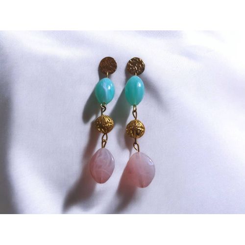 Boucles D'oreilles En Acier Inoxydable Dorées Et Gouttes En Résine Turquoise Et Rose