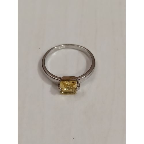 Bague Métal Argenté,Pierre Carré,Strass Jaune ,Taille 18.47 Mm