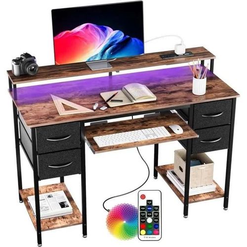 Bexevue Bureau Informatique Barrette D'alimentation Led - 120x50cm Table Gaming Avec Plateau Pour Clavier, 4 Tiroirs Réversibles56