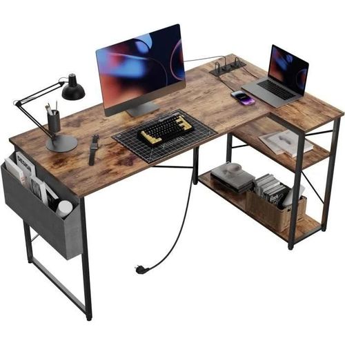 Bexevue Bureau Informatique Angle Avec Barrette D'alimentation - 100x70 Cm Petit Table Ordinateur Forme L Etagères Rangements, R23