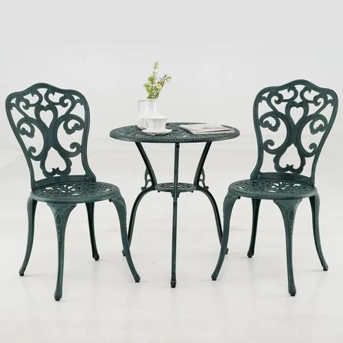Costway Ensemble 3 Pcs Table Et Chaises De Jardin En Fonte D¿Aluminium, Trou De Parasol De 5 Cm, Pour Cour Terrasse Piscine, Vert