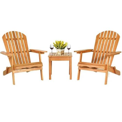Costway Ensemble 3 Pcs Table Et Chaises Adirondack De Jardin En Bois Eucalyptus, Fauteuils Chaises Pliables Avec Design À Lattes