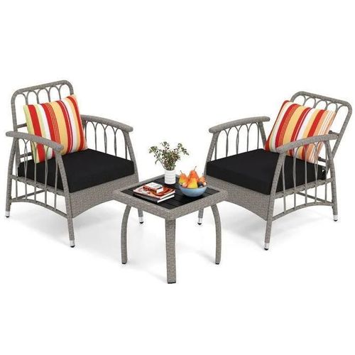 Costway Ensemble 3 Pcs Table Et Chaises De Jardin En Rotin Pe, Avec Coussins, Dossier Réglable Sur 5 Niveaux, Plateau À Lattes
