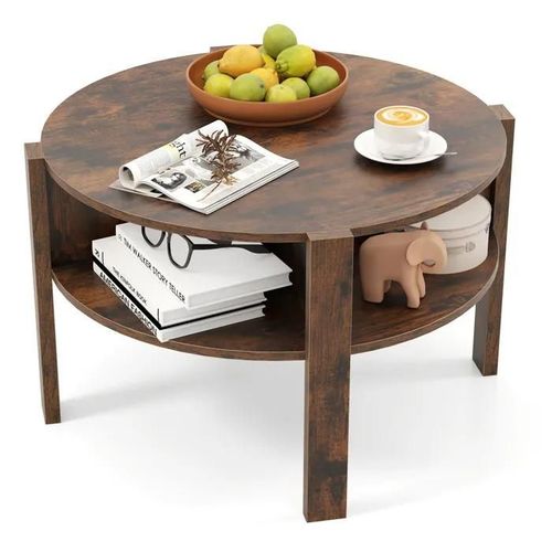 Costway Table Basse Salon Ronde À 2 Niveaux Avec Rangement, 4 Etagères, Plateau En Faux Bois, Table D'appoint Marron De 74,5 Cm