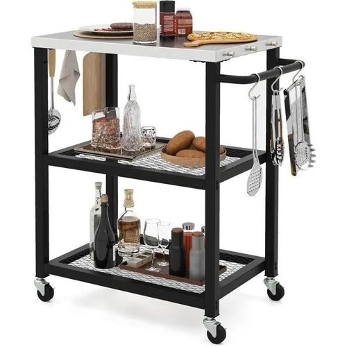 Desserte Plancha Barbecue en Métal avec Comptoir en Inox, 2 Étagères, 9 Crochets, Chariot avec Roulettes (72,5x41x80 cm)
