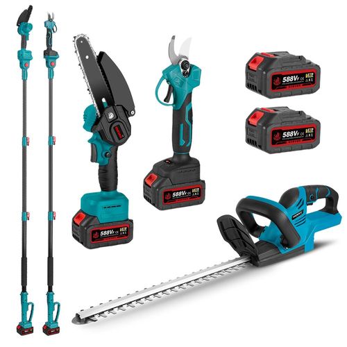Ensemble coupe-herbe sans fil 7 pouces + élagueuse électrique et tronçonneuse à perche télescopique tronçonneuse sans balais 6 pouces + élagueuse électrique 25 mm, avec 2 batteries