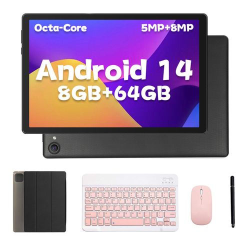 Tablette 10 pouces Android 14 Processeur Octa-Core, 8Go + 64Go de stockage/1 TB d'extension, Écran Tactile IPS HD 1280x800, Double caméra 5MP+8MP, WiFi 6, avec clavier, souris, stylet et étui (Noir)