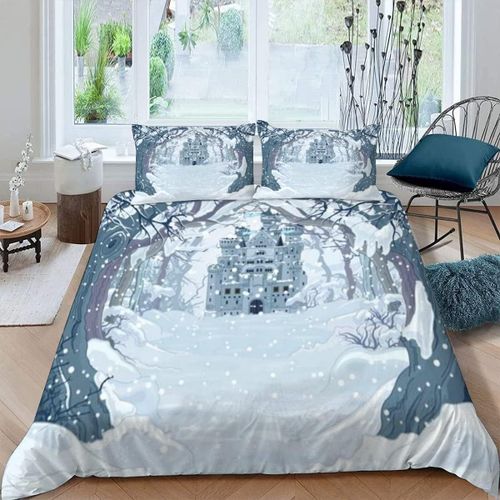 Housse De Couette Chateau De Princesse X Imprim¨¦ D Hiver Parure De Lit Personnes Hypoallergique Microfibre Literie Pi¨¨Ces Avec Fermeture ¨¦Cla