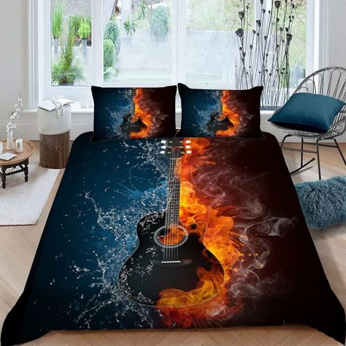 Eau Feu Guitare Housse De Couette X Imprim¨¦ D Musique Parure De Lit Personnes Ado Fille Enfants Microfibre Literie Pi¨¨Ces Avec Fermeture ¨¦Cla