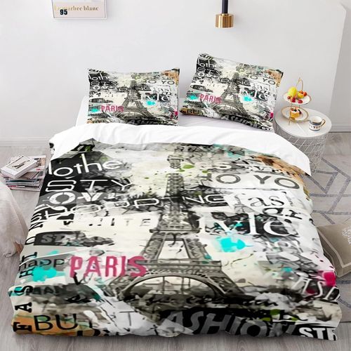 Parure Lit Personnes Fille Doux Confortable Housse De Couette Fermeture ¨¦Clair Microfibre Parure Housse De Couette X Cm Paris Tour Eiffel X Cm + X Taies D'oreiller Xcm
