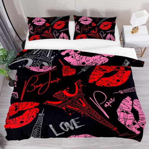 Bonjour Paris Tour Eiffel Et Coeur Parure De Lit Pi¨¨Ces - Housse De Couette Ultra Doux Double Microfibre Avec Fermeture ¨¦Clair Et Taies D'oreillers