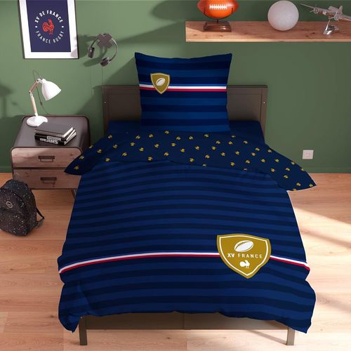 France Rugby Blason Parure De Lit Ffr X Cm | % Coton | Oeko-Tex | Housse De Couette Personnes X Cm + Taies D'oreiller X Cm Imprim¨¦S R¨¦Versibles | Bleu Marine