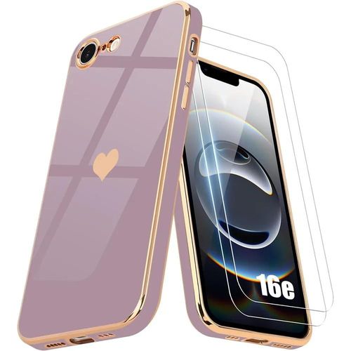 Coque + 2 Verres Trempés Pour Iphone 16e - Protection Avec Motif Coeur Antichoc Ultra Slim Léger Violet - E.F.Connection