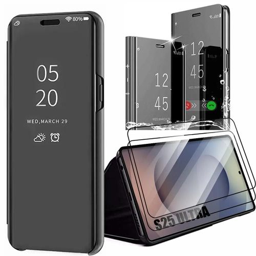 Coque + 2 Verres Trempés Pour Samsung Galaxy S25 Ultra, Effet Miroir Design Protection Intégrale Antichoc - Noir - E.F.Connection