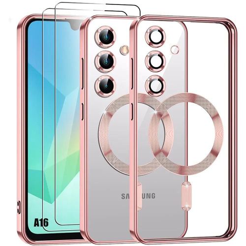 Coque + 2 Verres Trempés Pour Samsung Galaxy A16 4g/5g, Protection Silicone Avec Anneau Magnétique Film Caméra - Rose - E.F.Connection