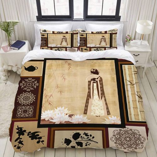 Jeune Fille Japonaise En Costume Traditionnel Et Motifs Culturels Ornements Antique Collage Oriental£¬Parure De Lit Pou Housse De Couette (X) Et Taies D'oreiller Pour Lit