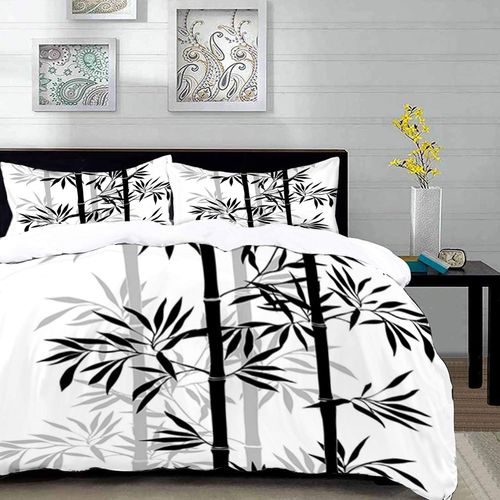 Parure De Lit Adulte,Housse De Couette,Arbre De Vie,Silhouette De Feuilles De Bambou Spirituelles Japonaises Image Zen,Feng Shui Bo, Housse De Couette X Cm + Taies D'oreillers