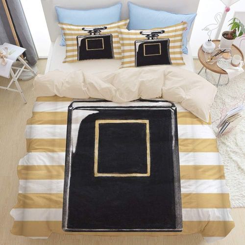 Grand Flacon De Parfum Noir ¨¤ Rayures Horizontales Jaunes Et Blanches£¬Housse De Couette En Microfibre X Cm+ Taies D'oreillers Xcm