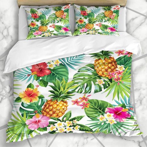 Literie - Housse De Couette Exotique Tropique Motif Tropical Ananas Feuilles De Palmier Fleur Nature Fruit ¿¿T¿¿ Feuille Aloha Hibiscus Microfibre Trois Pi¿¿Ces * Cm