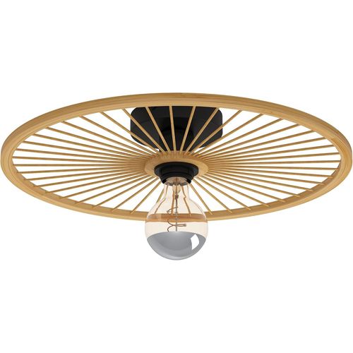 Hamiltion-Luminaire Plafonnier Leominster, Lampe De Plafond Ronde Pour Salon Et Couloir, Métal Noir Et Bambou Naturel, Douille E27, Ø 45 Cm