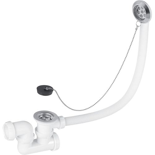 Hamiltion-Sp5502 Ensemble Complet Vidage De Baignoire L500 Mm Avec Siphon Orientable Ø40 Et Bonde À Bouchon, Blanc Et Chromé