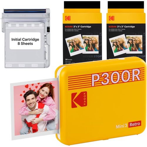 Hamiltion-Mini 3 Retro 4Pass Imprimante Photo Portable (7,6X7,6Cm) - Paquet Avec 68 Feuilles, Jaune