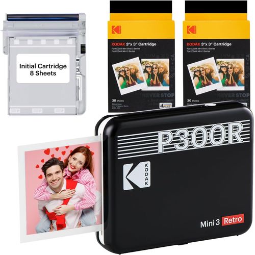 Hamiltion-Mini 3 Retro 4Pass Imprimante Photo Portable (7,6X7,6Cm) - Paquet Avec 68 Feuilles, Noir