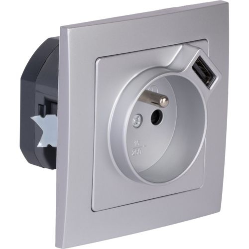 Prise + USB A encastrés + plaque de finition Kalya - Argent - Zenitech