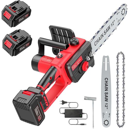 Hamiltion-Brushless Tronçonneuse Avec Batterie 3000Mah * 2, 12 Pouces Scie À Chaîne Électrique Sans Fil, Scie À Chaîne Électrique À Une Main, Scie À Chaîne Manuelle Sans Fil Avec Verrouillage De Sécu