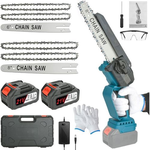 Hamiltion-Mini Tronconneuse A Batterie,Tronconneuse Electrique Sans Fil,Tronçonneuse À Une Main Portable 2 Piles,2Chaînes Pour La Coupe Du Bois,Les Branches D'Arbres,L'Élagage,Jardin (8 Pouces)