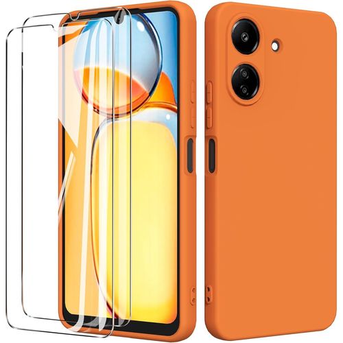 Bin Coque Pour Xiaomi Redmi 13c 4g (6.74"") Avec 2 Verre Trempé Protection Écran,Silicone Liquide Tpu Ultra Premium Antichoc Housse Pour Xiaomi Redmi 13c 4g - Orange
