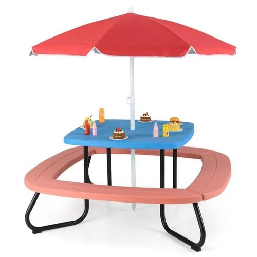 Costway Table De Pique-Nique Avec 4 Bancs Pour 8 Enfants- Parasol Réglable Et Pliable - Cadre Métallique 125 × 125 × 100-160cm Rouge