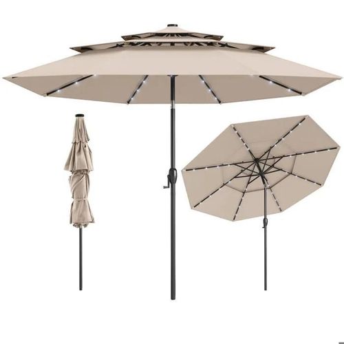 Costway Parasol De Jardin De 313 Cm - 32 Leds - Réglage D'inclinaison 35° - Toit Aéré À 3 Niveaux - Manivelle Pour Terrasse Beige