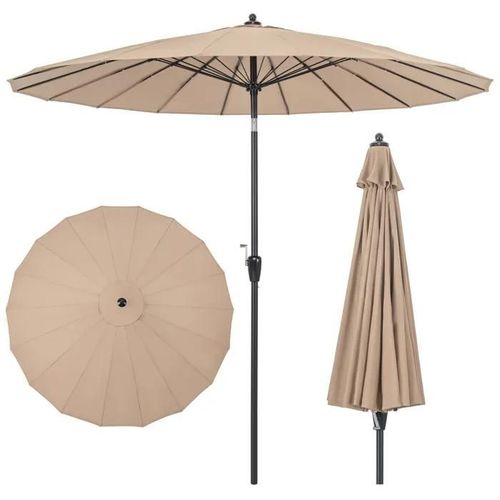Costway Parasol De Terrasse Dia. 265cm, Avec 18 Baleines En Fibre De Verre, Inclinaison À Bouton-Poussoir, Manivelle, Marron