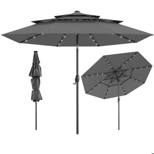 Costway Parasol De Jardin De 313 Cm - 32 Leds - Réglage D'inclinaison 35° - Toit Aéré À 3 Niveaux - Manivelle Pour Terrasse Gris