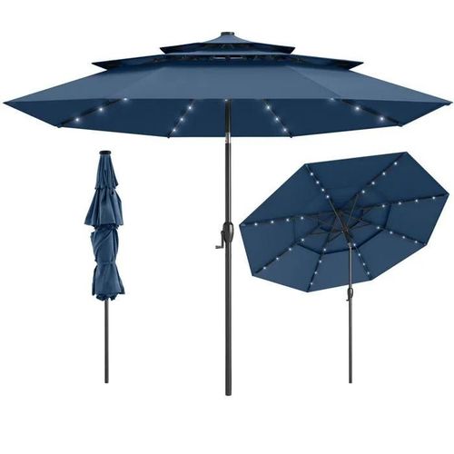 Costway Parasol De Jardin De 313 Cm - 32 Leds - Réglage D'inclinaison 35° - Toit Aéré À 3 Niveaux - Manivelle Pour Terrasse Bleu