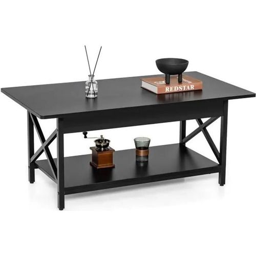 Costway Table Basse Moderne À 2 Niveaux, 110 X 60 X 48 Cm, Table De Salon Avec Cadre Métallique En Forme X, Pieds Réglables, Noir