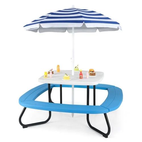 Costway Table De Pique-Nique Avec 4 Bancs Pour 8 Enfants- Parasol Réglable Et Pliable - Cadre Métallique 125 × 125 × 100-160cm Bleu