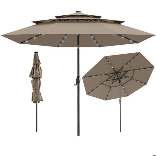 Costway Parasol De Jardin De 313 Cm - 32 Leds - Réglage D'inclinaison 35° - Toit Aéré À 3 Niveaux - Manivelle Pour Terrasse Marron