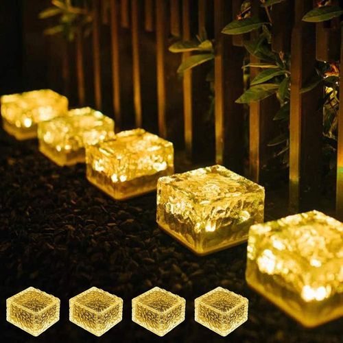 4 Pièces Chemins Solaire Lumière De Brique,Solaires En Verre Pavés Éclairage,Lumières Solaires De Cube De Glace,Étanche Lampe Solaire Sol,Pour Terrasse Pelouse Route Pont Escalier(Couleur Chaude)