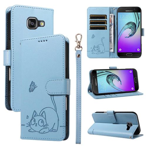 SATURCASE Coque pour Samsung Galaxy A3 2016, Chat Mignon PU Cuir Magnétique Flip Portefeuille Support Porte-Carte Dragonne Protecteur Housse Étui pour Samsung Galaxy A3 2016 (ZC-Bleu)