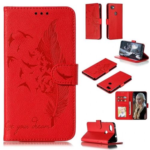 Étui En Cuir Google Pixel 3a Xl - Motif Plume,Fentes Pour Portefeuille Et Cartes,Rouge
