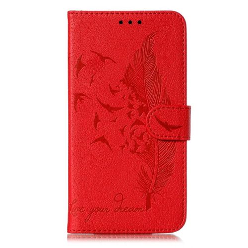 Étui En Cuir Google Pixel 3 - Motif Plume,Emplacements Pour Portefeuille Et Cartes,Rouge
