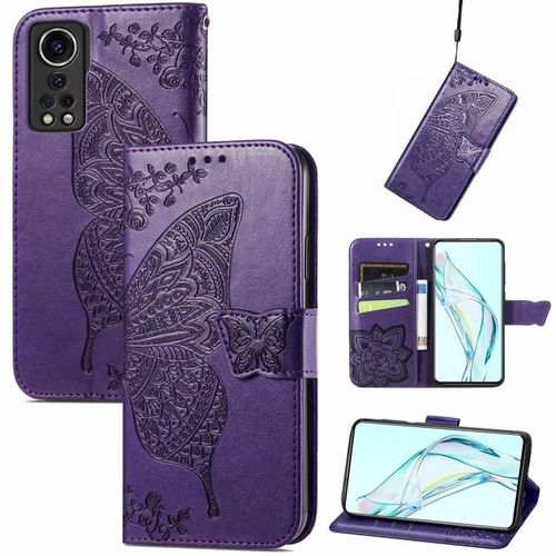 Étui En Cuir Zte Axon 30 5g - Butterfly Love Design,Fentes Pour Portefeuille Et Cartes,Violet Foncé Violet Foncé