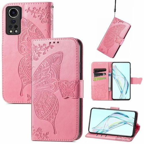 Étui En Cuir Zte Axon 30 5g - Butterfly Love Design,Flip Wallet,Fentes Pour Cartes,Cordon,Rose Rose