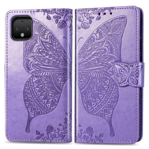 Etui En Cuir Pour Google Pixel 4 - Papillon Love Flowers,Fentes Pour Cartes Et Lanière,Violet Clair Violet Clair