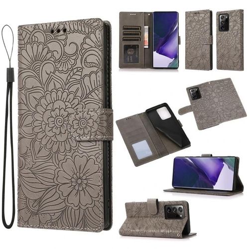 Étui En Cuir Samsung Galaxy Note20 Ultra - Tournesol En Relief,Fentes Pour Portefeuille Et Cartes,Gris Gris