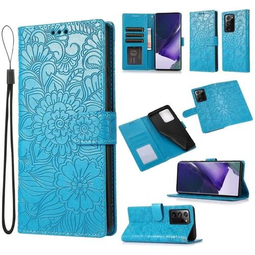 Étui En Cuir Samsung Galaxy Note20 Ultra - Tournesol En Relief,Fentes Pour Portefeuille Et Carte,Cordon Bleu