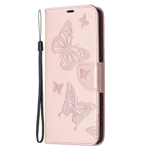 Étui En Cuir Pu Samsung Galaxy Note20 - Papillons En Relief,Portefeuille Et Lanière,Or Rose Or